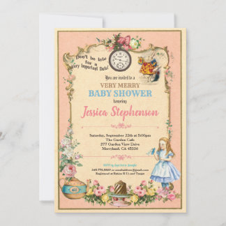 Invitation Alice au pays des merveilles baby shower corail ro