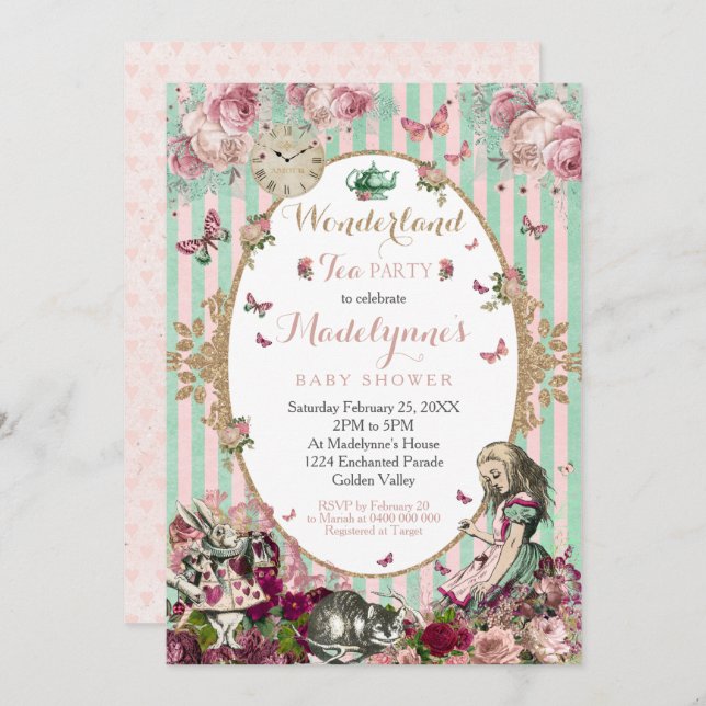 Invitation Alice au pays des merveilles Baby shower Invitatio (Devant / Derrière)