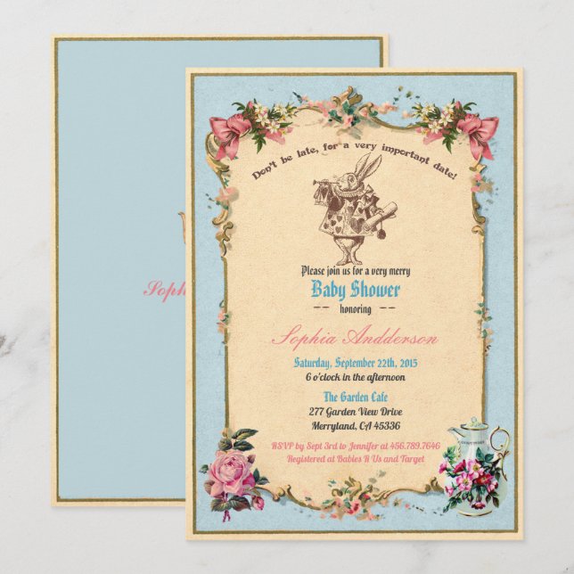 Invitation Alice au pays des merveilles Baby shower Sip et vo (Devant / Derrière)