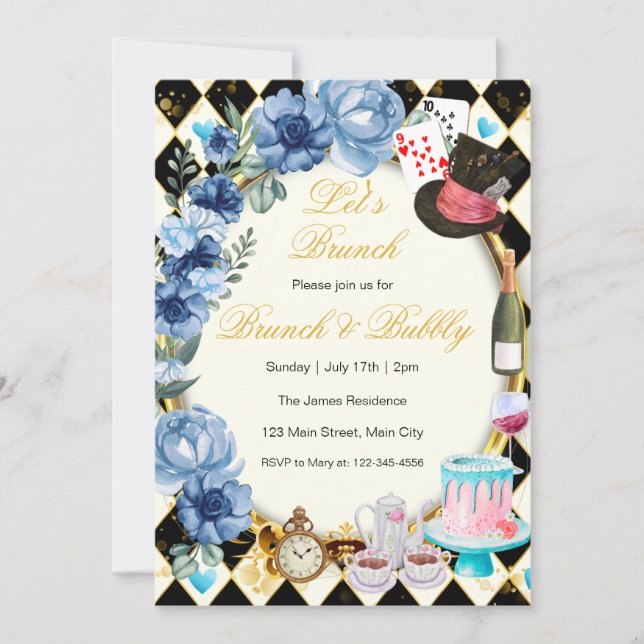 Invitation Alice Au Pays Des Merveilles Bleu Floral Brunch In (Devant)