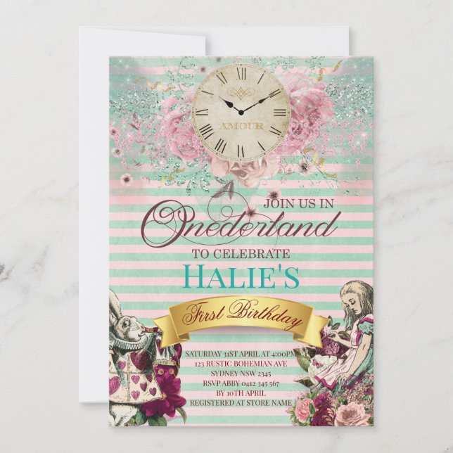 Invitation Alice au pays des merveilles Chalkboard Premier an (Devant)