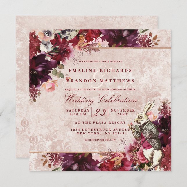 Invitation Alice au pays des merveilles Élégant Carré de mari (Devant / Derrière)