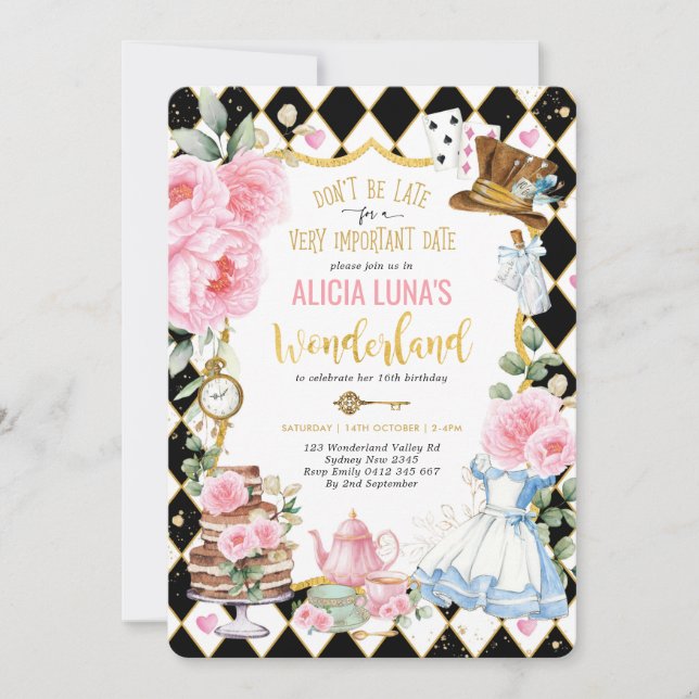 Invitation Alice au pays des merveilles Floral Anniversaire F (Devant)