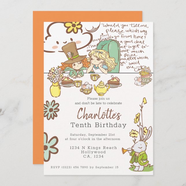 Invitation Alice au pays des merveilles Parti personnalisé (Devant / Derrière)