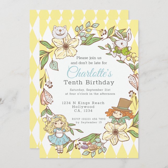 Invitation Alice au pays des merveilles Parti personnalisé (Devant / Derrière)