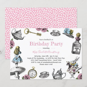 Invitation Alice au pays des merveilles Pois de fête d'annive