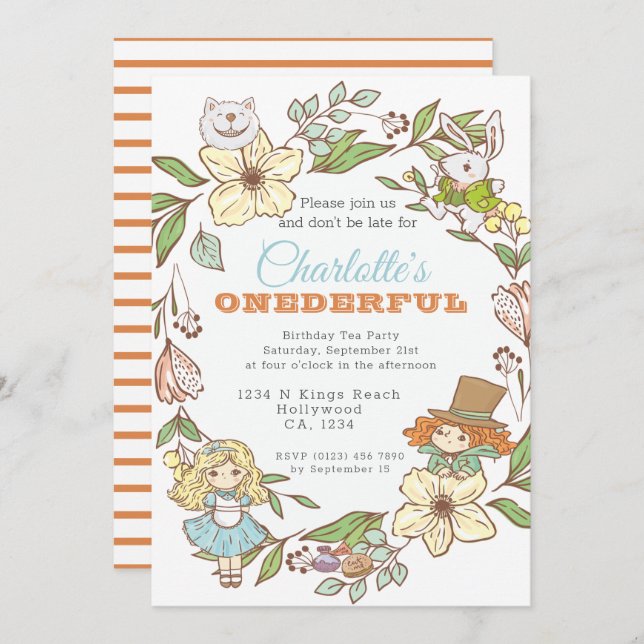 Invitation Alice au pays des merveilles Premier anniversaire (Devant / Derrière)