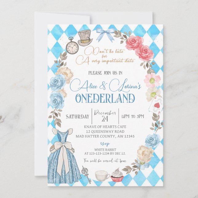 Invitation Alice au pays des merveilles, Twin Girls 1er Anniv (Devant)