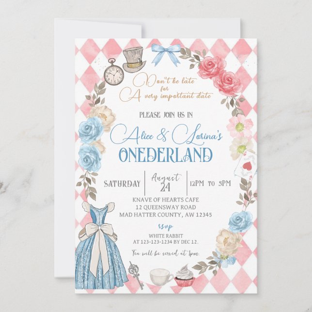 Invitation Alice au pays des merveilles, Twins Girls 1er Anni (Devant)