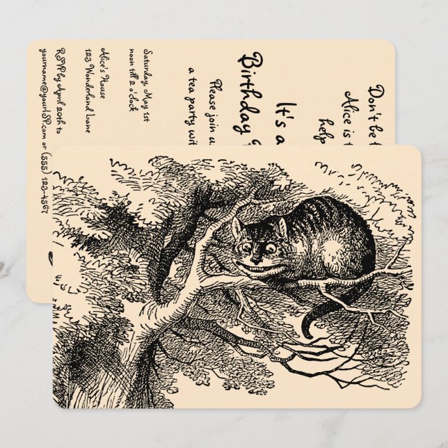 Invitation Alice au pays des merveilles vintage, Anniversaire (Devant / Derrière)