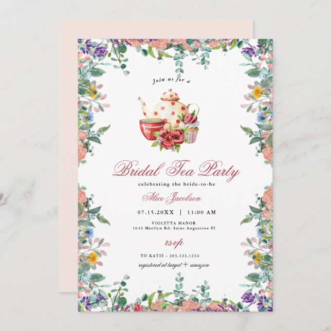 Invitation ALICE Blush Floral Bridal Tea Party Brunch Douche (Devant / Derrière)