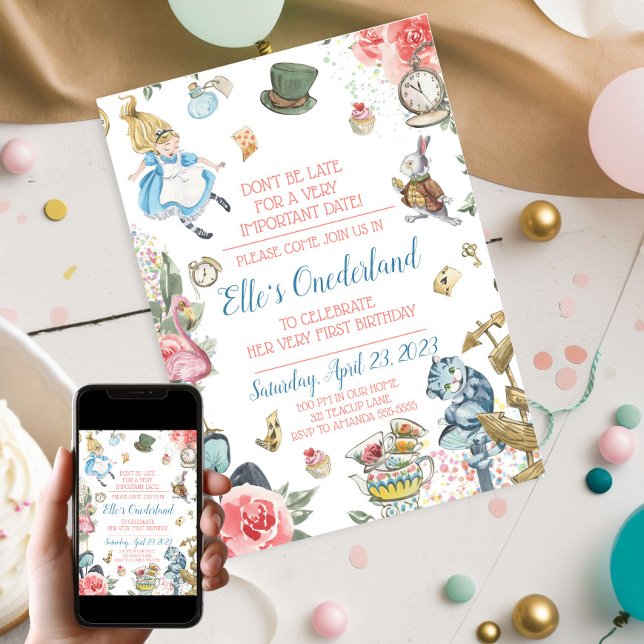 Invitation Alice dans l'Onederland 1er Anniversaire Fête Invi (Alice In Wonderland First Birthday Party Invitation)