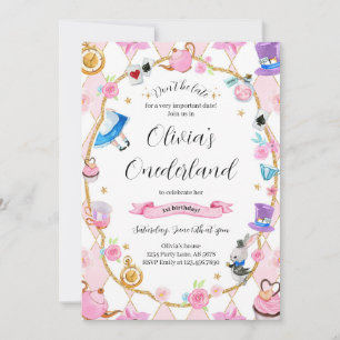 Invitation Alice dans l'Onederland 1er anniversaire rose