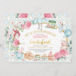 Invitation Alice dans l'Onederland Bleu rose fête de thé d'an
