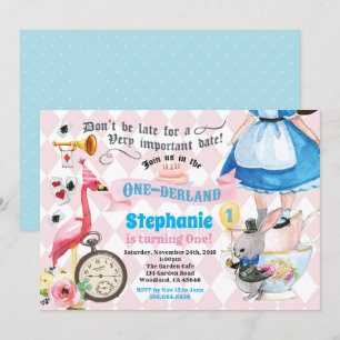 Invitation Alice dans ONEderland fête de thé rose