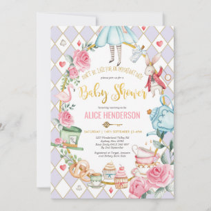 Invitation Alice d'or violet au Wonderland Thé de Baby shower