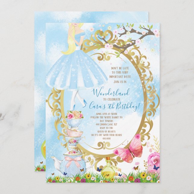 Invitation Alice en fête d'anniversaire du pays des (Devant / Derrière)