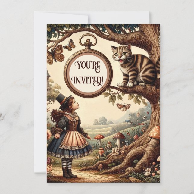 Invitation Alice et Chat du Cheshire : Fantaisie Merveilleuse (Devant)