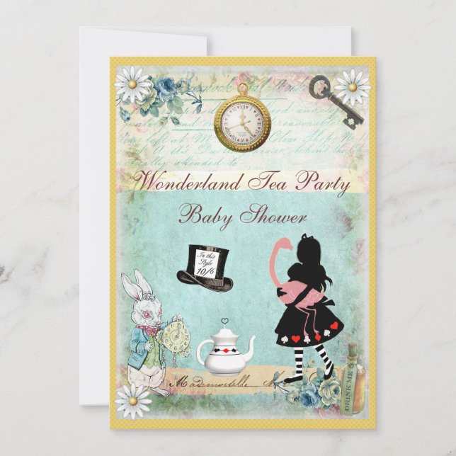 Invitation Alice et Flamant rose Wonderland Baby shower Tea P (Devant)