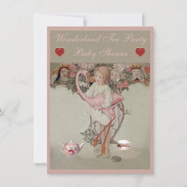Invitation Alice et thé rose de baby shower de Flamant rose (Devant)