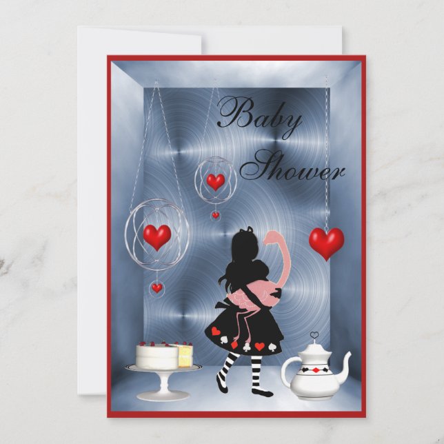Invitation Alice & Flamant rose Hearts Baby shower Tea Party (Devant)