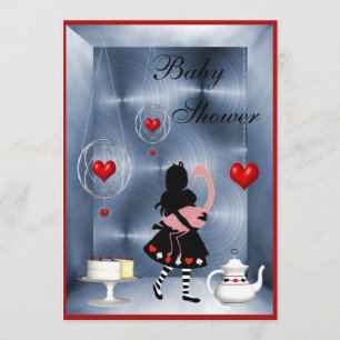 Invitation Alice & Flamant rose Hearts Baby shower Tea Party