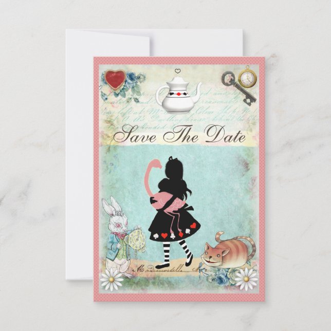 Invitation Alice, Flamingo & Chat Sauvent la Date de Mariage (Devant)
