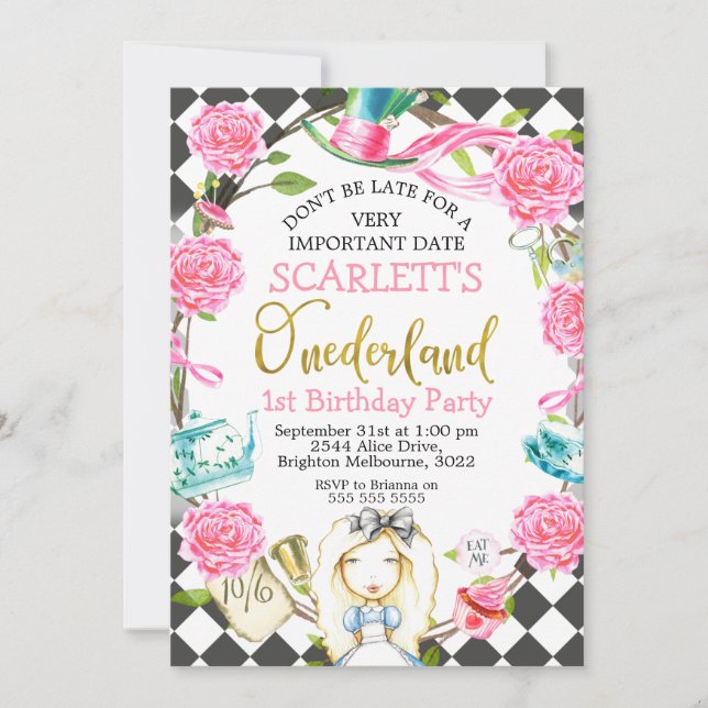 Invitation Alice Gris Rose dans l'Onederland 1er anniversaire (Devant)