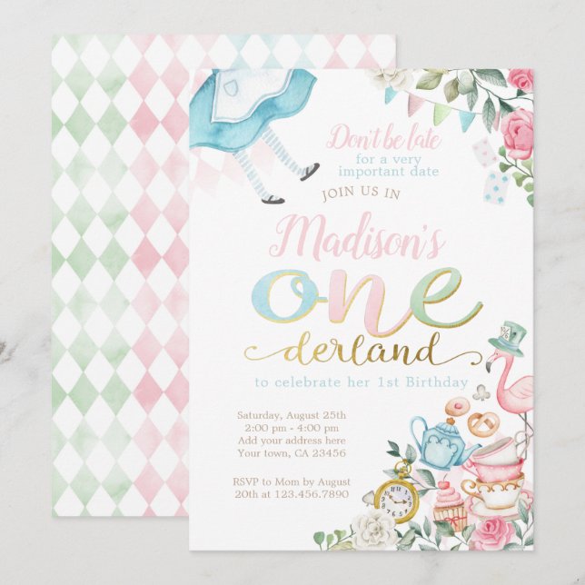 Invitation Alice in ONEderland 1st Birthday (Devant / Derrière)
