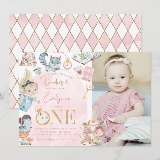 Invitation Alice In Wonderland 1er anniversaire Tea Party (Devant / Derrière)