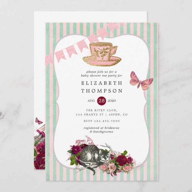 Invitation Alice In Wonderland Baby shower Tea Party (Devant / Derrière)