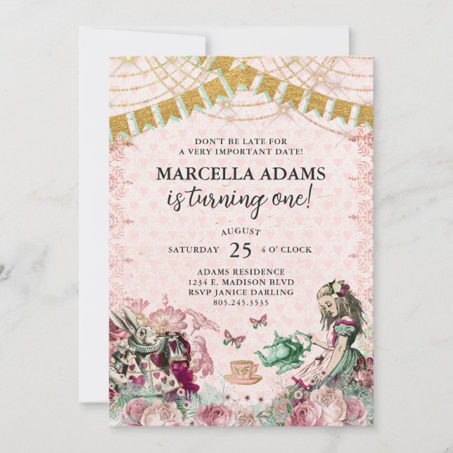Invitation Alice In Wonderland Blush & Mint Anniversaire (Devant)
