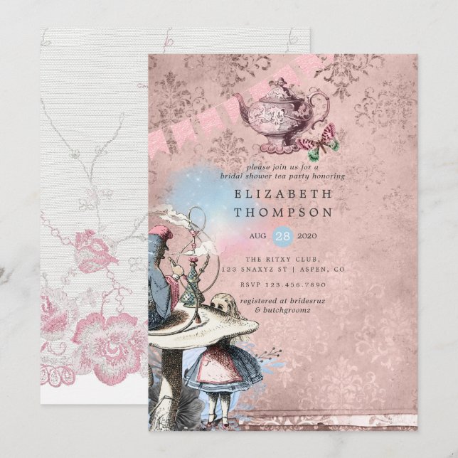 Invitation Alice In Wonderland Fête des mariées Tea Party (Devant / Derrière)