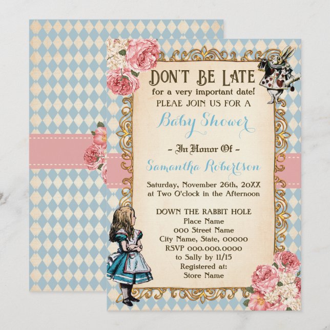 Invitation Alice in Wonderland Pink Flowers Baby Shower (Devant / Derrière)