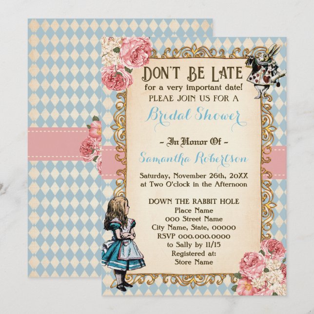 Invitation Alice in Wonderland Pink Flowers Bridal Shower (Devant / Derrière)