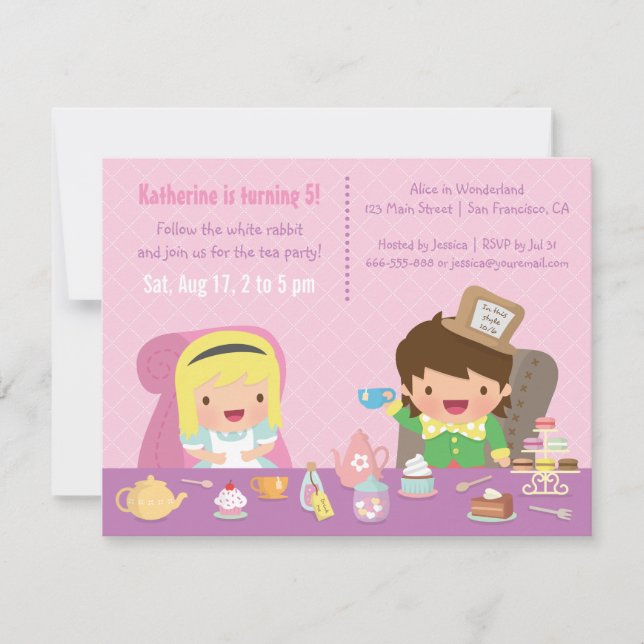 Invitation Alice mignonne en fête d'anniversaire de thé du (Devant)