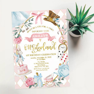 Invitation Alice Onederland 1er Anniversaire Ruban Rose