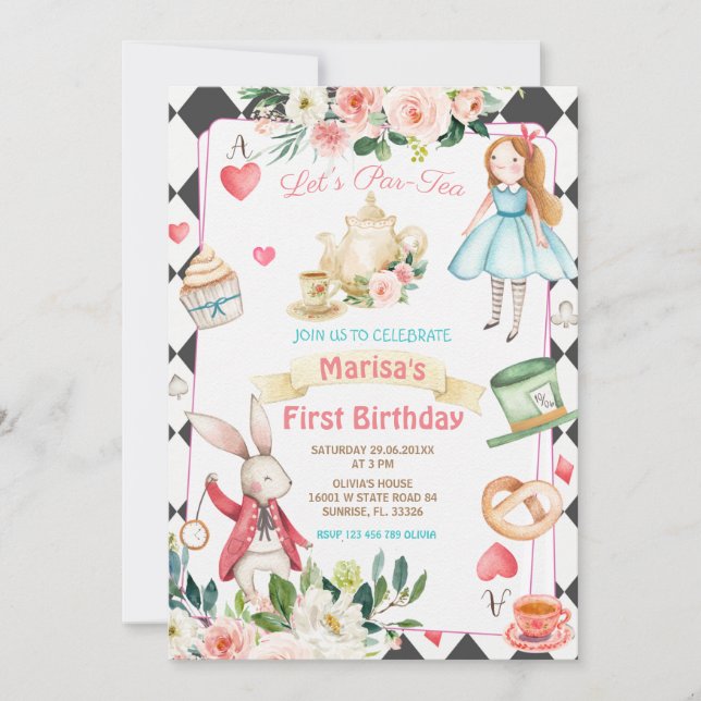 Invitation Alice Par-tea Floral Thé Anniversaire Fille  (Devant)