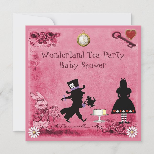 Invitation Alice rose au Baby shower du Tea Party au pays des (Devant)