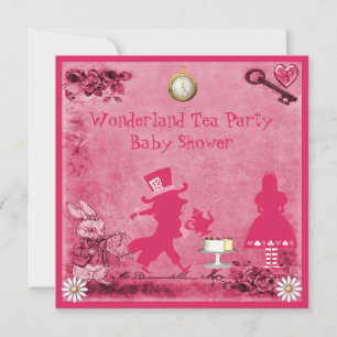 Invitation Alice rose au Baby shower du Tea Party au pays des