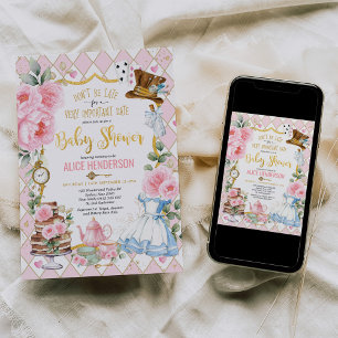 Invitation Alice rose au pays des merveilles Fête de Thé Mad