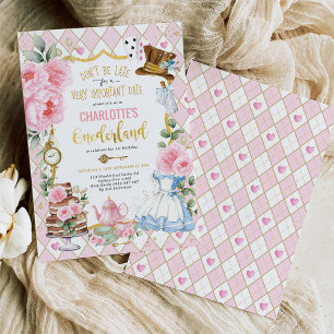 Invitation Alice rose dans l'Onederland 1er anniversaire Tea