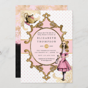 Invitation Alice rose et or dans le Baby shower Wonderland