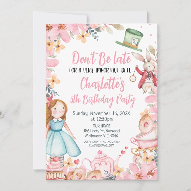 Invitation Alice Rose Florale Au Wonderlan Anniversaire (Devant)