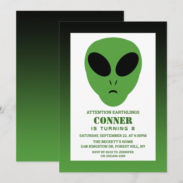 Invitation Alien moderne N'importe quel âge Anniversaire (Devant / Derrière)