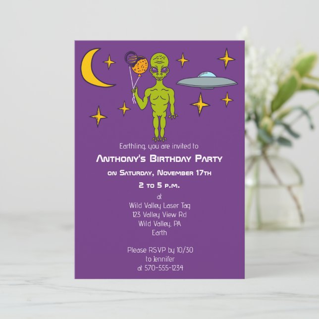 Invitation Alien spatial avec Balloons Planet Anniversaire (Debout devant)