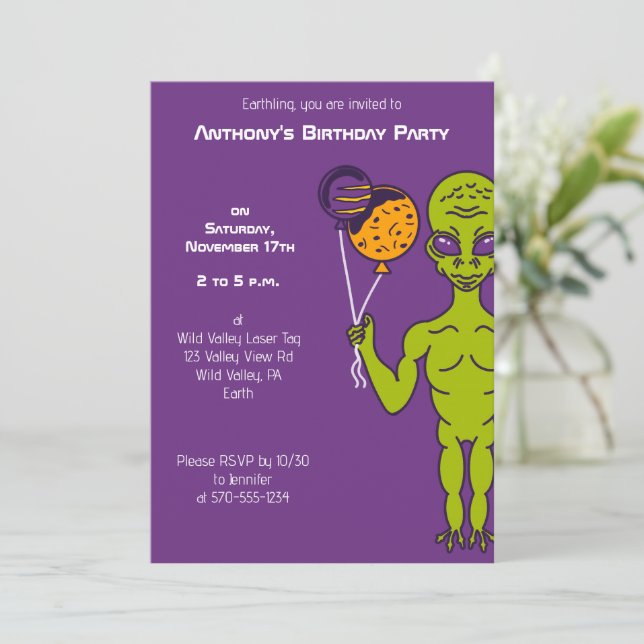Invitation Alien spatial avec Balloons Planet Anniversaire (Debout devant)