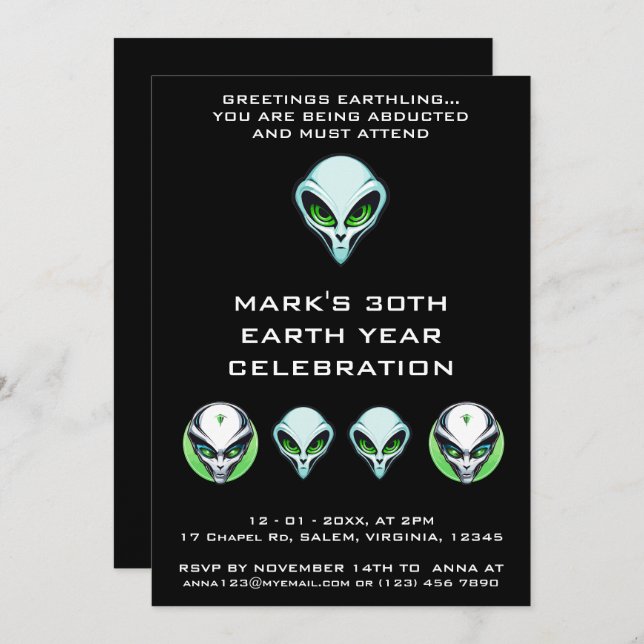 Invitation Alien UFO Abduction espace fête d'anniversaire (Devant / Derrière)