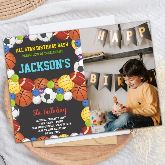 Invitation All Balls Black Sports Party Anniversaire avec pho (All Balls Black Sports Party Birthday with photo Invitation)