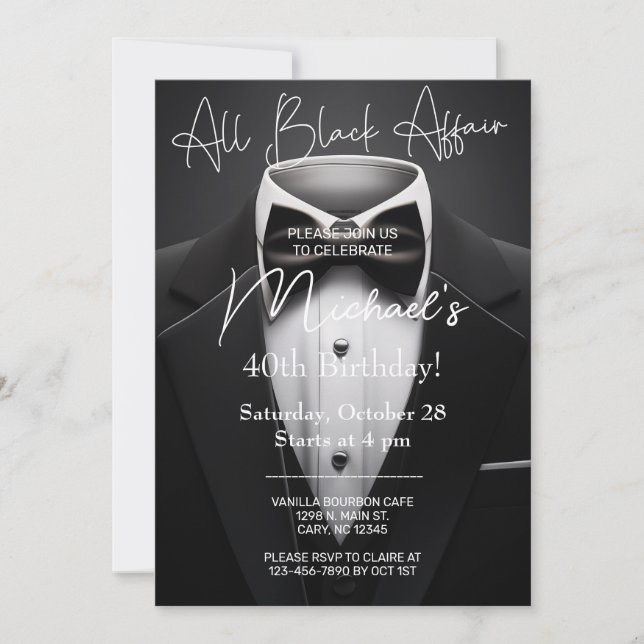 Invitation All Black Affair adult man birthday invitation. (Devant)